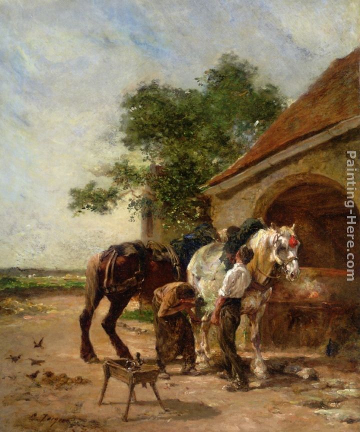 Charles Emile Jacque Attending to the horses